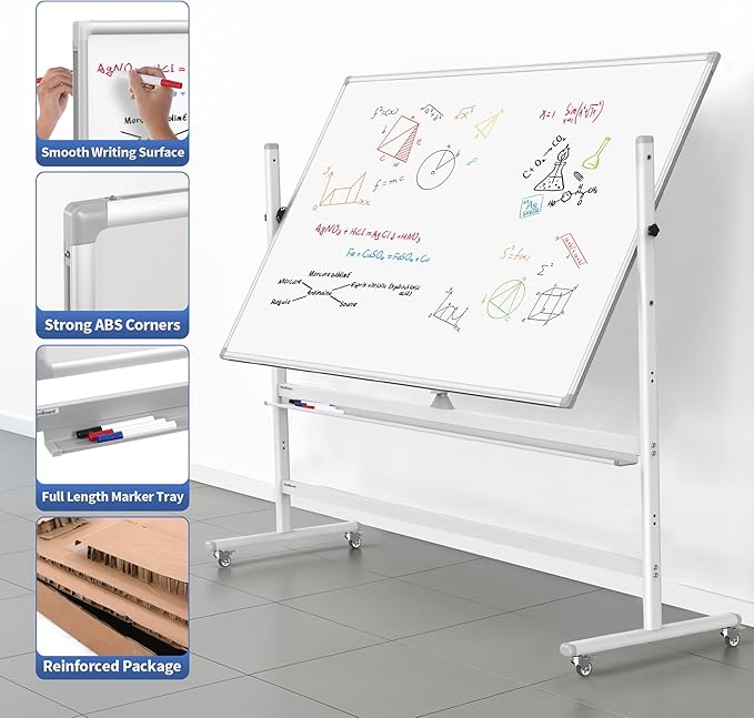 Large Double Sided Whiteboard 72x40 inches on Wheels, Height Adjustable Mobile Magnetic Dry Erase Board with Rolling Stand for Office Meetings, Classroom Teaching, Home, Silver Frame