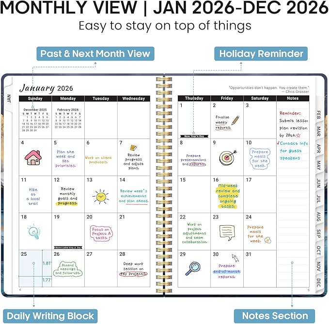 2026 Planner, Weekly and Monthly Calendar Planner Book, January 2026 - December 2026, Hardcover Spiral Planner with Monthly Tabs, Notes Pages, Perfect for Women & Men, A4 (8.5" x 11") - Abstract