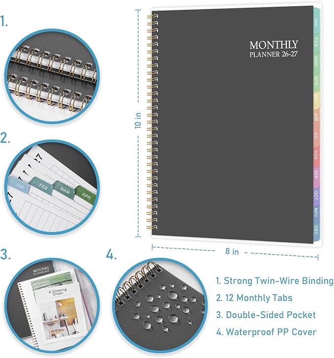 2026-2027 monthly planner - 26-27 Monthly Planner, 18 Months Planner with Colorful Tabs, Jul 2026-DEC 2027, 8'' x 10'', 2026-2027 Monthly Calendar with 2-Sides Pockets, Black