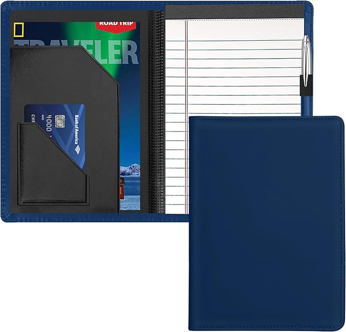 Junior Padfolio Folder - A5 Portfolio Binder Case with 5 x 8 Writing Pad and Interior Storage Pocket Executive Business Organizer for Men Women, Navy Blue