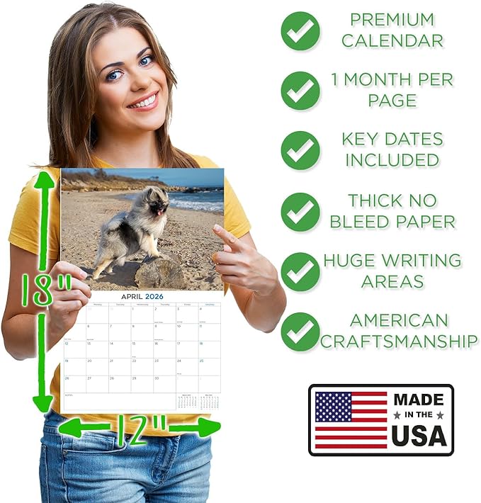 2025 2026 Keeshond Calendar - Dog Breed Monthly Wall Calendar - 12" x 18" Open - Thick No-Bleed Paper - Giftable - Academic Teacher's Planner Calendar Organizing & Planning - Made in USA