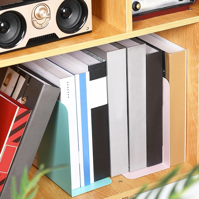 Beeveer 6 Pairs Metal Bookends Book Stopper for Shelves Office Book Holder Library Bookend for Heavy Books Desk Home Bookshelf School (Macaron Colors)