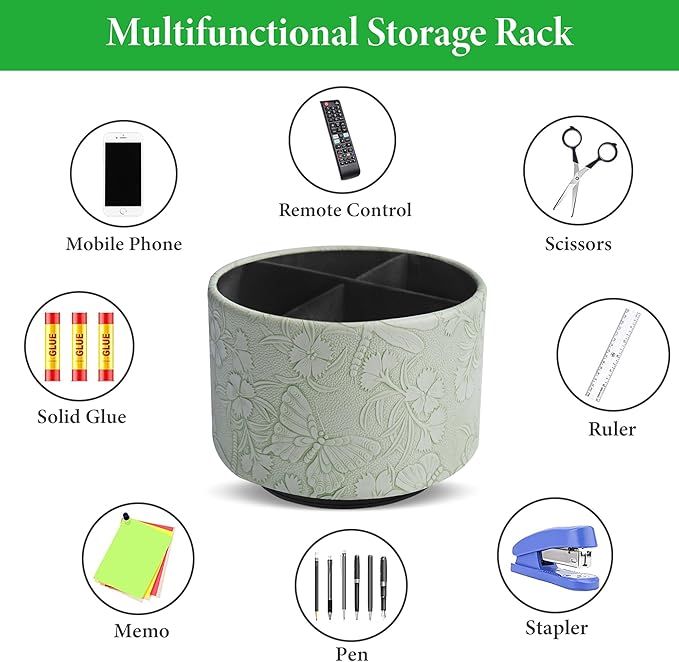 Round Leather Art Supply Organizer,Remote Control Holder,360-degree Rotating Pen Organizer with 4 Compartments(1-Butterfly Green2)