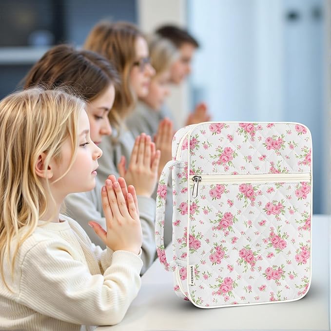 WOBAGMEN Bible Cover Case for Women,Large Bible Tote Bags Organizer Quilted Carrying Case for Girls,Bible Study Supplies Accessories Christian Gifts for Women (Big Pink Floral, M)
