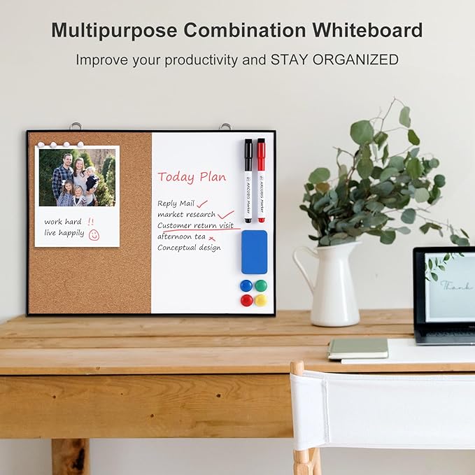ARCOBIS Cork Board White Board Combo, 12"X16" Small Bulletin Board for Wall, Double-Sided Magnetic Dry Erase Corkboard, Vision Whiteboard for Office,Home,School, Black