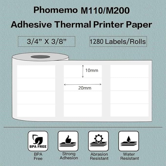 Phomemo M110 Labels-Sticker Labels 3 Roll 3600 Labels for M110/M100/M220/M221/M108 Label Printer,3/4" X 3/8"(20x10mm), 1200 Labels/Roll, for Barcode/Address/Mailing/Logo/Business/Home Tag