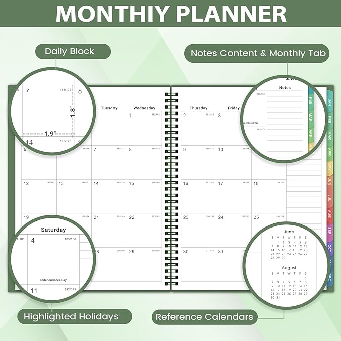 Planner 2026-2027 - 2026-2027 Monthly Planner, JUL 2026-DEC 2027, Monthly Planner/Calendar 2026-2027 with Colorful Tabs, 2026-2027 Calendar Planner for Daily Organizing - Waterproof Cover (8" x10", 12 Month Pages & Notes, Moss green)