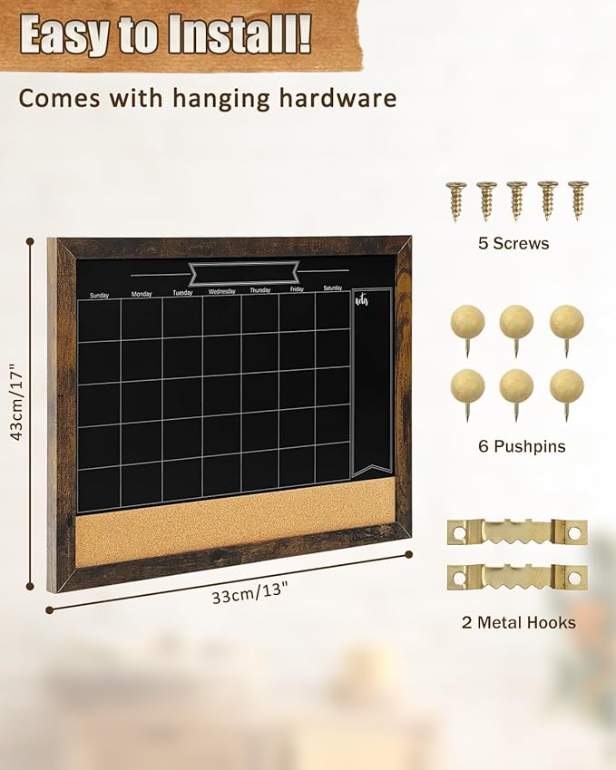TORASO Magnetic Chalkboard Calendar Corkboard, Small Combination Chalk Board Bulletin Board, 13" x 17",Walnut Brown Framed Blackboard Calendar Cork Combo Board(ZHHB-BN-3343)