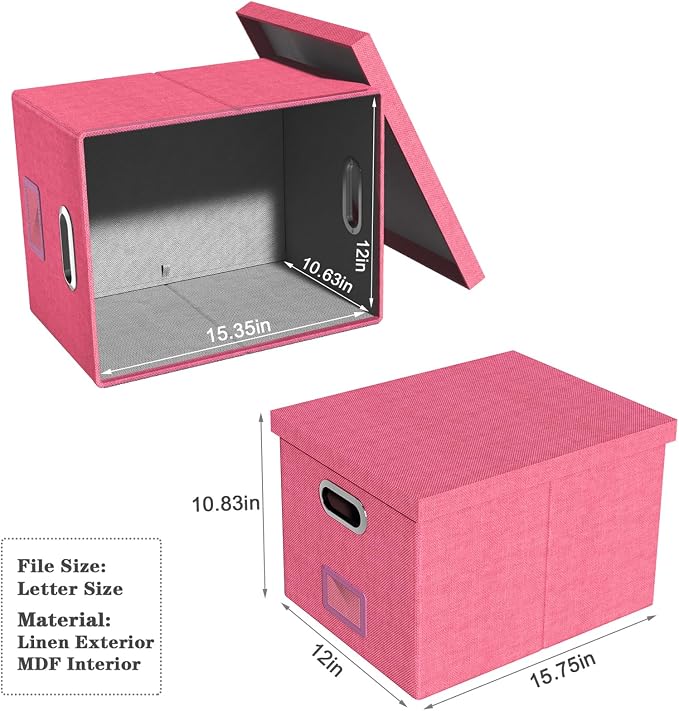 Oterri 2 Pack File Storage Organizer Box,Filing Box,Portable File Box with Lid,Fit for Letter/Legal File Folder Storage,Hot-pink-Box only