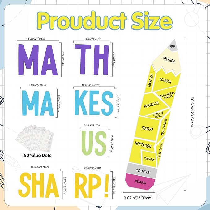 Math Bulletin Board Decorations Sets, Pencil Decorations for Classroom, Educational Math Makes Us Sharp Paper Cutouts for Back to School Math Classroom Supplies Window Wall Door Decor