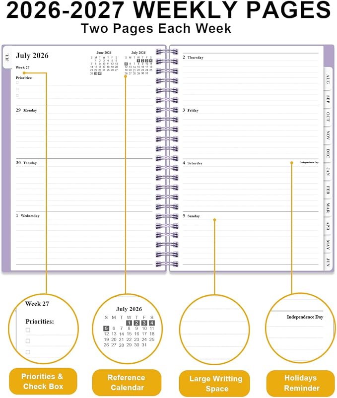 Planner 2026-2027 - Academic Planner from July 2026 to June 2027, Weekly & Monthly Planners Spiral Bound with 12-Month Tabs, Inner Pocket, 6.25" x 8.5", Purple