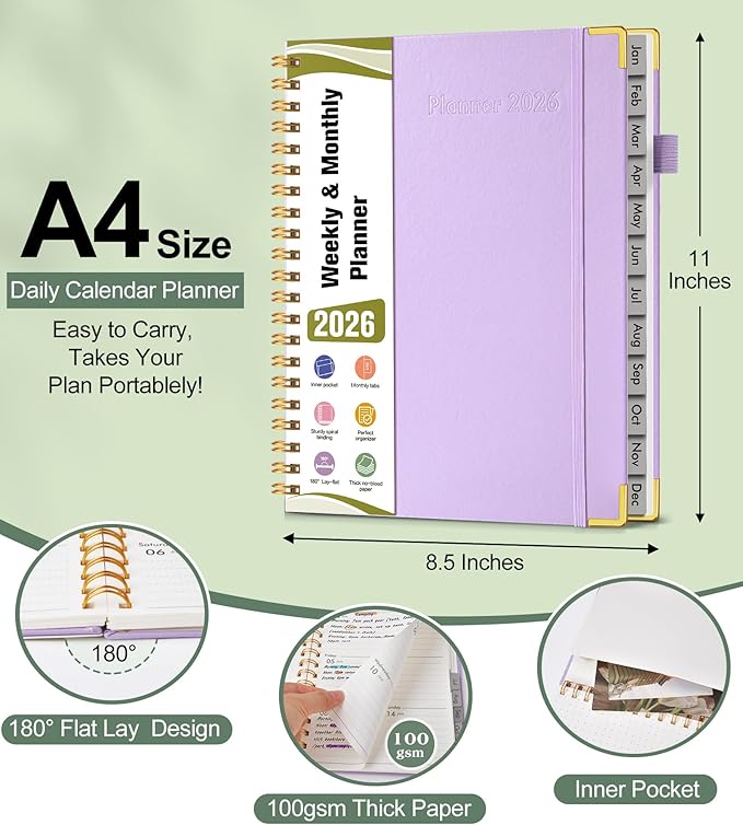 2026 Planner, Hardcover Leather Weekly and Monthly Planner, January 2026 - December 2026, Spiral Yearly Agenda Organizer Book 2026 with Tabs, Daily Calendar Planners for School Work Home, A4 (8.5" x 11"), Purple