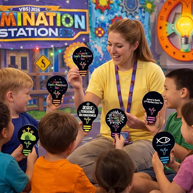 Eaasty 144 Pcs 4.6 x 3.2'' 2026 Vbs Vacation Bible School Memory Tags Illumination Theme Light Bulb Tags Double-Sided Printed for Jesus Faith Learning Church Activity Supplies