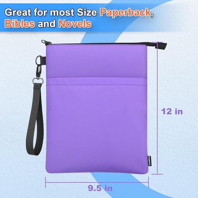 Book Sleeves with Zipper, Travel Book Protector Pouch for Paperbacks & Hardcover Books, Book Covers Bags Carry Case/Front Pocket & Handle Strap for Book Lovers Mother's Day (Purple, 2 Pcs)