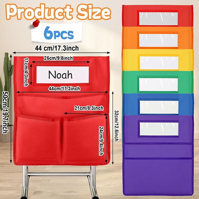 gisgfim 6 Pcs Chair Pockets for Classroom 19 x 17 inch Seat Sacks for Classroom Chairback Pocket Chart 3 Pockets Chairs Seat Back Organizer with Name Tag for School Home Classroom Supplies(Colorful)