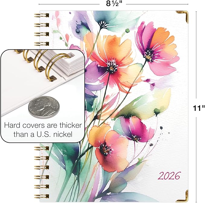 HARDCOVER 2026 Planner, 8.5"x11": 14 Months (November 2025 - December 2026), Daily Weekly Monthly Planner, Yearly Agenda, Bookmark, Pocket Folder and Sticky Note Set (Rainbow Floral)