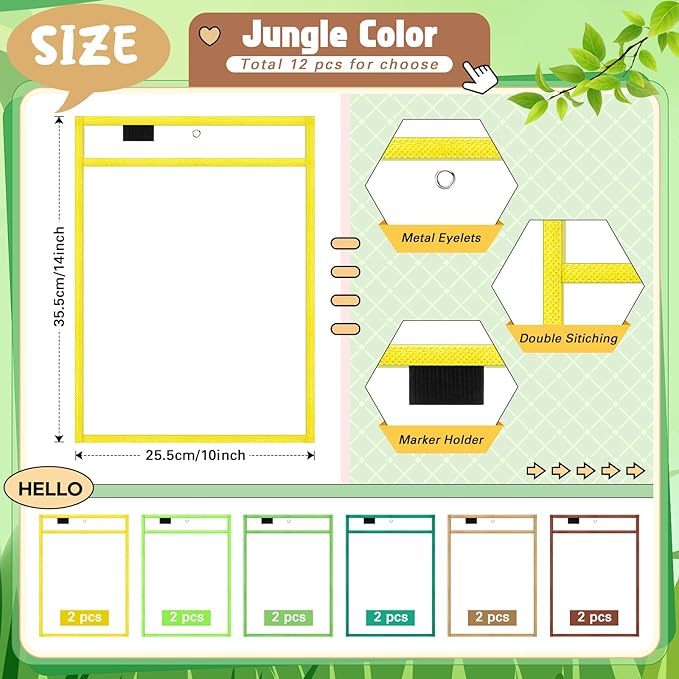 Watersay 24 Pcs Dry Erase Pocket Reusable Sleeves 10" x 14" Clear Plastic Sheet Protectors with Markers and Mini Dry Erasers for Paper(Assorted Color)