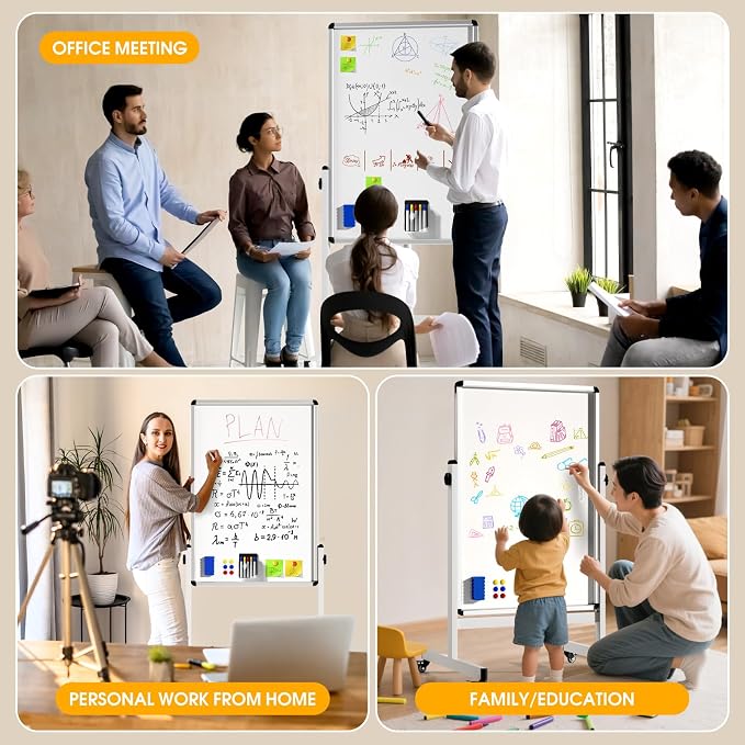 Mobile Dry Erase Board on Wheels, 48 x 28 Magnetic Double Sided Whiteboard Easel, Large Reversible Rolling White Board with Aluminum Frame Standing for Office, Home, Classroom