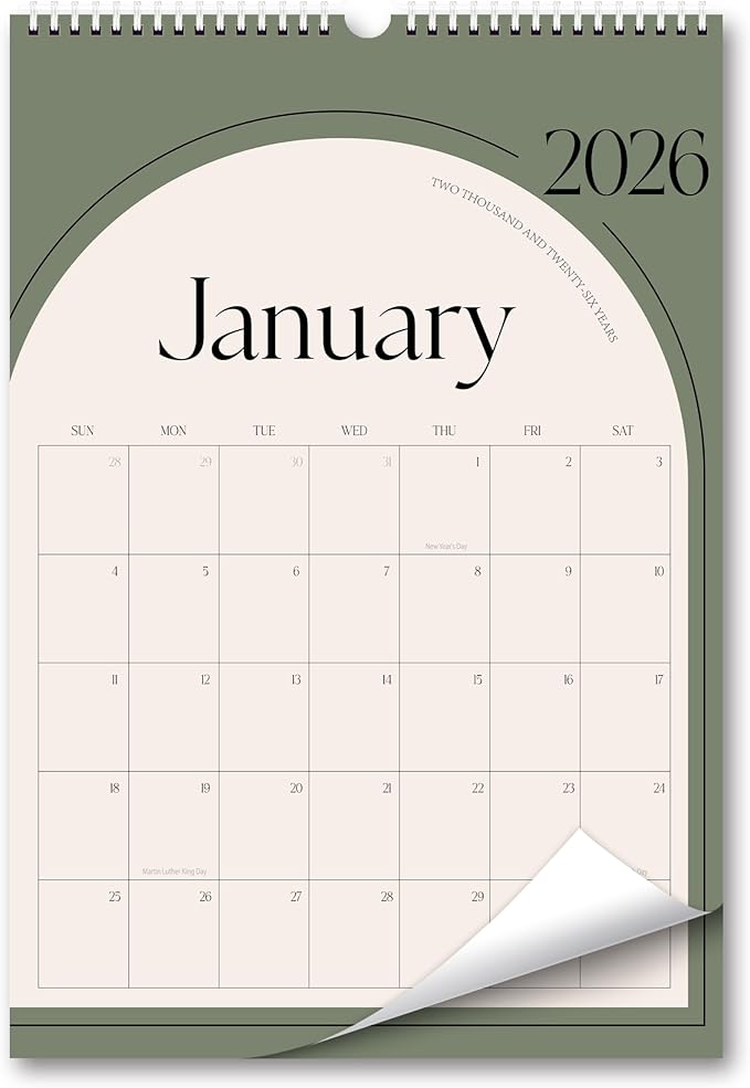Aesthetic Wall Calendar 2026, 12 Monthly Vertical Calendar January 2026 to December 2026, 15" x 10" Modern Wall Hanging Calendar for School, Home, Office for Monthly Organizing & Planning (Green Vertical )