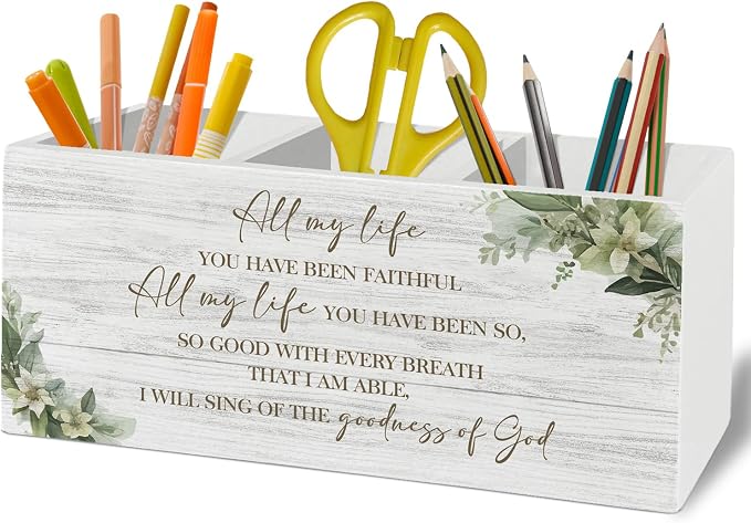 Christian Pen Pencil Holder Organizer for Desk Accessories, Religious Bible Verse Scripture Wooden Box Sign Desk Decor for Home Office Decoration, Christian Office Decor