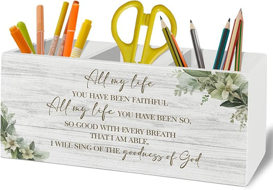 Christian Pen Pencil Holder Organizer for Desk Accessories, Religious Bible Verse Scripture Wooden Box Sign Desk Decor for Home Office Decoration, Christian Office Decor