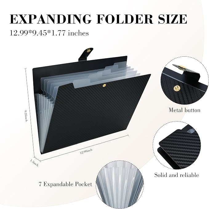 2PCS Expanding File Folder 7 Pocket Letter Size Accordion File Organizer with Labels Portable Document Paper Bill Receipt Organizer for School Office Supplies, A4 Size, Black