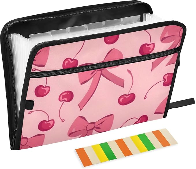 Expanding File Folder Pink Bow Cherry Accordion File Organizer 13 Pockets Document Organizer with Zipper Labels A4 Letter Office Storage