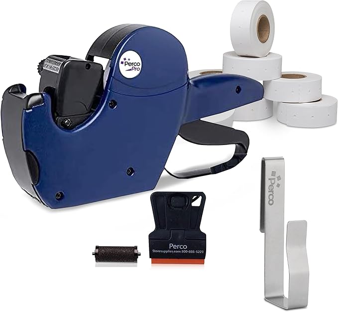 Perco Pro 1-Line Date Gun with Labels Kit - Includes 1-Line 8-Characters Date Labeler Gun, 10,000 Blank White Labels, a Label Scraper & a Pre-Loaded Ink Roll Bundled Labeler Gun Clip