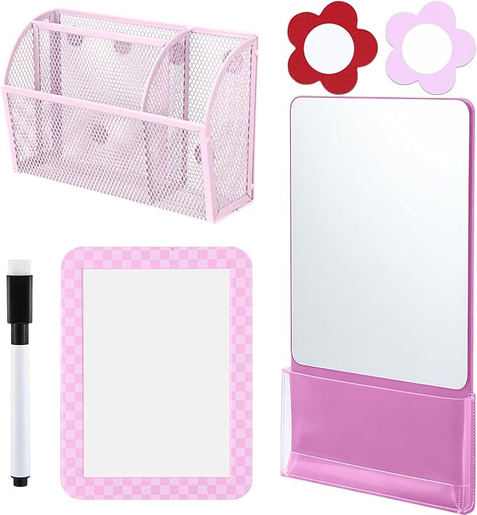 Fuyoooo Magnetic Locker Accessories Back to School Essentials Include Magnetic Mirror with Holder Magnet Mesh Pen Holder Small Whiteboard and Magnet for Office School Locker Organizer (Modern,Pink)