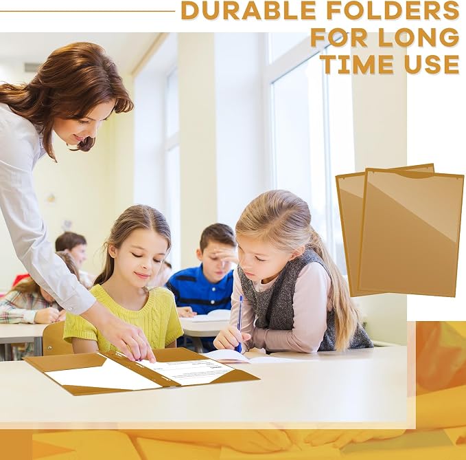 Henoyso 36 Pcs Plastic Folder with Clear Front Pocket and 3 Prong Plastic Folders with Card Slot Pocket Folders with Prongs for School Office (Khaki)