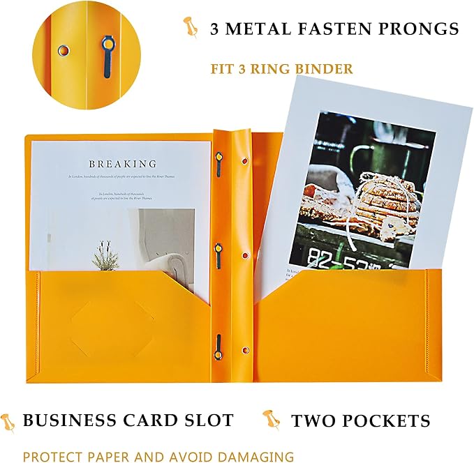 Seashell 12 Pack 2 Pocket Folders with Prongs, Plastic 3 Hole Punched Folder with Two Pockets, Letter Size, Heavy Duty, Assorted Colors, for Office and Classroom Use