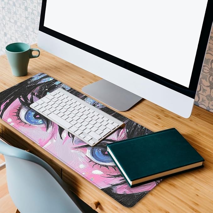Anime Eyes Desk Pad Mouse Pad Blue Sparkle Oil Brush Art Extended Gaming Mousepad Mat with Stitched Edge Non-Slip Base Big Mousepad Office Home Decor for Women Girl 31.5"x11.8"
