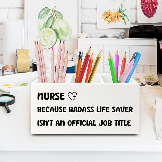 Funny Nurse Pen Pencil Holder Organizer for Desk, Nurse Office Decor, Nursing Week Gifts, Nursing Gifts for Women Female Nurses Wooden Box Sign for Office Workplace Desk Tabletop Decorations