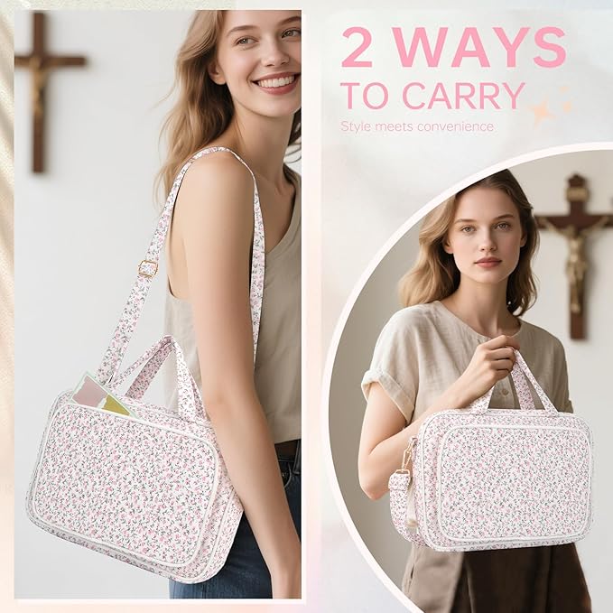 Bible Cover Case for Women Bible Study Supplies Church Camp Essentials Christian Gifts for Women Journaling Kit Quilted Large Bible Book Sleeve (Pink Flowers, Large)