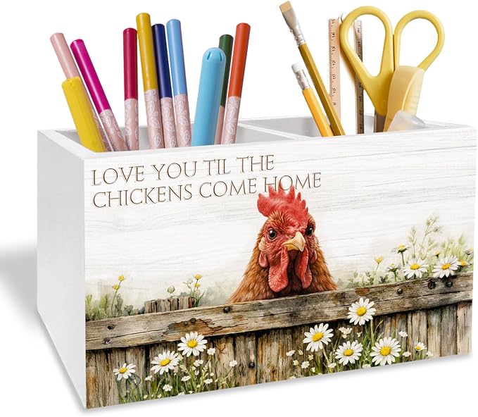 Farmhouse Daisy Floral Chicken Pen Holder for Desk, Chicken Lover Gifts Pencil Organizer, Rustic Rooster Hen Wooden Box Sign Desk Decor for Kids Girls Room Nursery Decoration