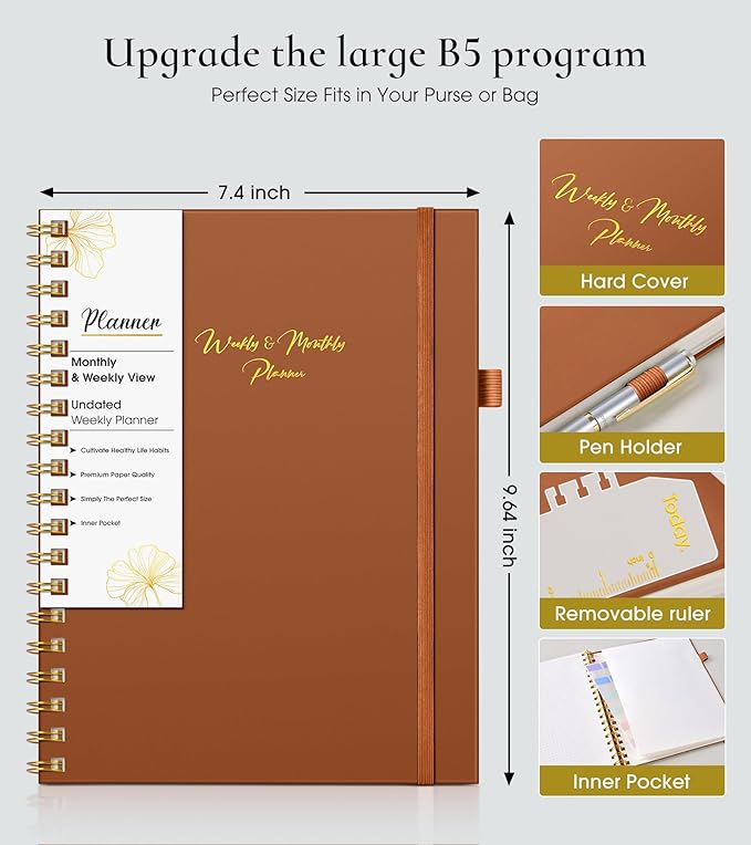 Undated Weekly and Monthly Planner, B5 Large Weekly To Do List Notebook with Goal & Habit Tracker Organizer, Hardcover Spiral Bound Blank Monthly Planner for Work School Home 7.4" x 9.64" Brown