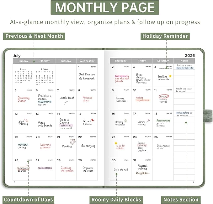 EMSHOI Pocket Calendar 2026-2027, Small Mini Academic Planner Weekly and Monthly, July 2026-June 2027, School Student Teacher Agenda, Leather Hardcover, 100GSM Paper, Tabs, A6 4.3"x6", Light Green