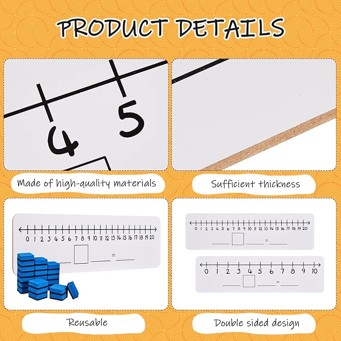 8 Pcs Dry Erase Number Line White Boards with 8 Pcs Dry Erase Erasers 4 x 14'' Inch Double Sided White Board Dry Erase Board for Kids Number Lines for Students Math Manipulatives for School Supplies