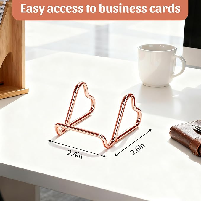 Qomamount Business Card Holder,Cute Heart-Shaped Metal Card Display Stand,Vertical Desktop Name Card Organizer,Small Phone Stand & Photo Holder for Office,Wedding,Reception,Exhibition(Rose gold)
