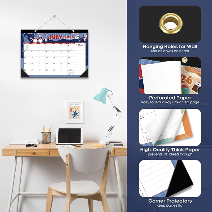 Desk Calendar 2026-2027, 18-Month Calendar Runs from July 2026 to December 2027, Large 17" x 12" Monthly Desktop & Wall Calendar for Home & Office - Watercolor Festival