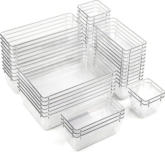 Clear Acrylic Drawer Organizer Trays, 5 Size Junk Box Organization Small Storage Container Bin for Desk Makeup Bathroom Vanity Kitchen Tool Make Up Workspace Home Dorm Apartment Office Room Nightstand
