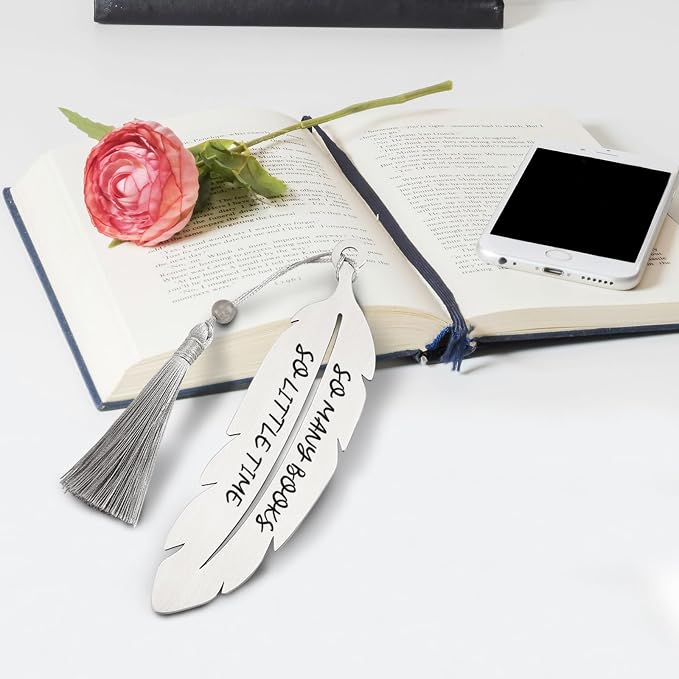 “So Many Books So Little Time” Quote Bookmark Gifts, Inspirational Reading Gifts for Book Lovers, Teachers, Students, Librarians, Women Men Readers, Feather Metal Bookmark with Tassel VBK210