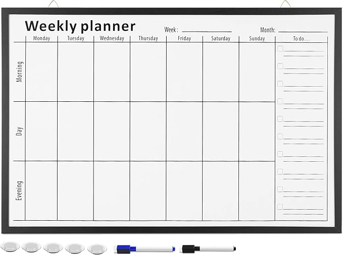 Navaris Weekly Planner White Board - 24" x 36" Magnetic Dry Erase Whiteboard Calendar with 7-Day Week Plan for Wall - Includes Markers and Magnets