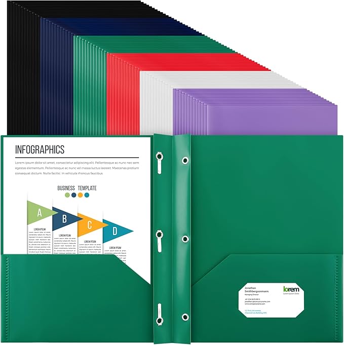 Cholemy 72 Packs Pocket Folders with Prongs Heavy Duty Plastic Folder with Business Card Slot 3 Prong Fasteners for School Office (Dark)