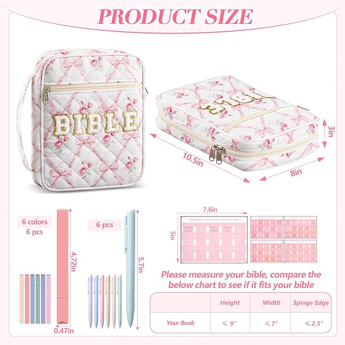 Sinload Quilted Bible Cover Case for Women Large Carrying Bag with Organizer Tabs 6 Colored Pens 6 Highlighters Book Tote Bags with Handle Bible Carry Supplies Christian Gifts(Pink Bow Floral)