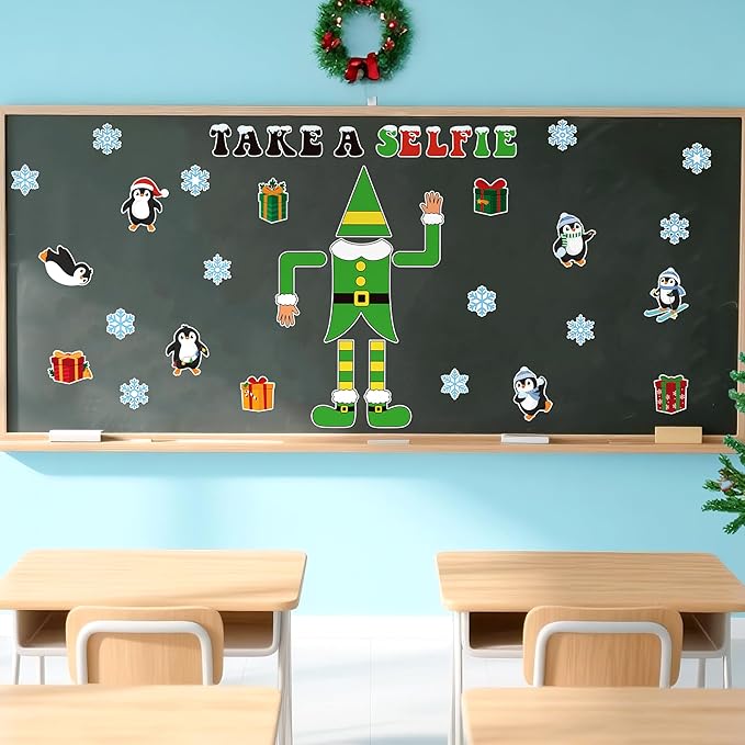 Christmas Bulletin Board Decoration - 46pcs Xmas Elf Cutout Door Decor Set, Winter Penguin Window Fireplace Chalkboard Classroom Wall Accents Ideas Kits for School Class Home Supplies