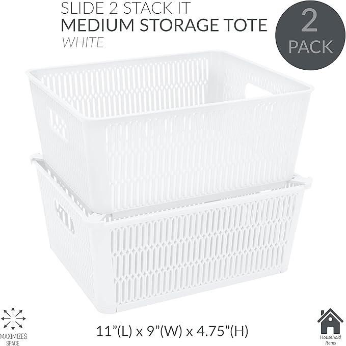 Simplify 4Pk Large Slide 2 Stack It Tote Basket | Storage & Organization | Open Bins with Stackable Capability | Bathroom | Crafts | Pantry | Playroom | Office | White (KIT-25930-WHITE-4PK)