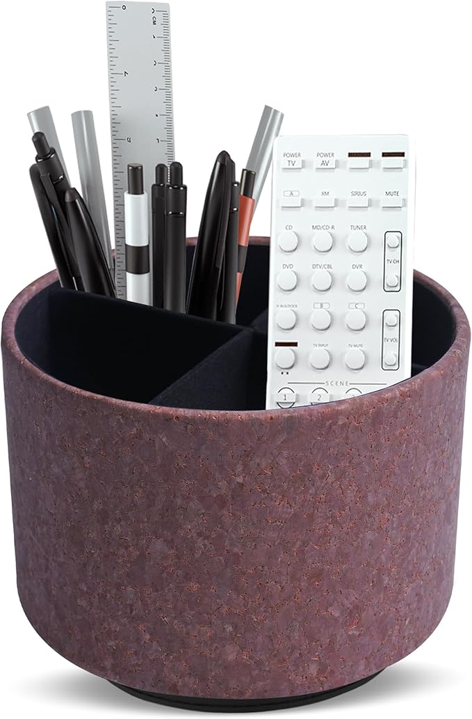 Round Leather Art Supply Organizer,Remote Control Holder,360 Degree Spinning,Multi-Functional Pencil Holder,4 Compartments Desktop Stationary Organizer(1-Soft Red)