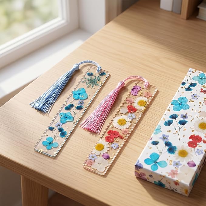 2PCS Transparent Dried Flower Bookmarks, Bookmarks for Women Handmade Dried Flower, Resin Bookmark with Tassels Cute Acrylic Bookmark Blanks Clear Planner Accessories, Blue Pink Pretty and Aesthetic