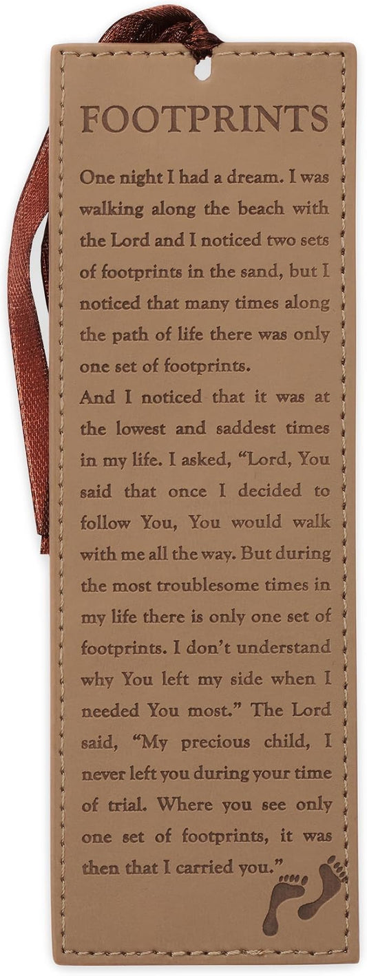 Christian Art Gifts Vegan Faux Leather Scripture Bookmark for Men and Women: Footprints in The Sand - Inspirational Poem Heat-Debossed, Faith-Based Reading Book Accessory with Ribbon Tassel, Brown